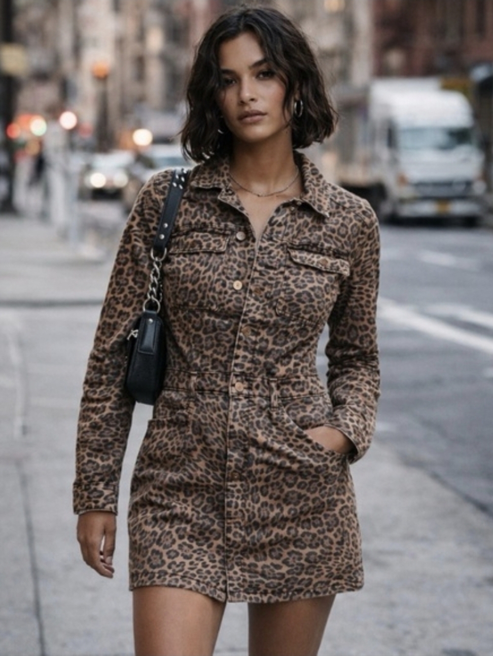 GAP Leopard Print Denim Utility Mini Dress • Small